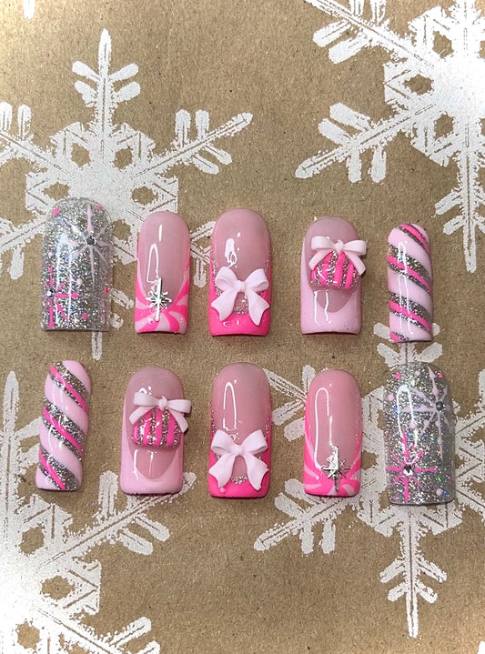 Pink Christmas press on nails